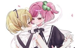  2girls ando_tazusa assault_lily black_ribbon blonde_hair blush closed_mouth clover_hair_ornament commentary face-to-face falling_petals four-leaf_clover_hair_ornament frilled_shirt frills hair_ornament hair_ribbon hand_up high_ponytail hitotsuyanagi_riri holding_hands interlocked_fingers jewelry juliet_sleeves kanon_mone light_blush long_sleeves looking_at_another multiple_girls neck_ribbon one_side_up petals pink_eyes pink_hair ponytail profile puffy_sleeves purple_ribbon red_eyes ribbon ring school_uniform shirt short_hair simple_background sleeveless sleeveless_shirt suspenders untranslatable_commentary upper_body white_background white_shirt yuri yurigaoka_girls_academy_school_uniform 