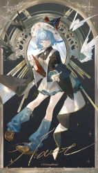  1girl :d absurdres aoseagrass bekki_(vtuber) black_hat black_sleeves blue_eyes blue_hair blue_socks book border brown_shoes chinese_commentary commentary_request copyright_notice dress full_body glasses grey_background hat highres holding holding_book index_finger_raised juliet_sleeves kneehighs legs_apart loafers long_sleeves looking_at_viewer loose_socks nijisanji official_art open_mouth ornate_border outstretched_arm pointing pointing_at_viewer puffy_sleeves round_eyewear shoes short_dress short_hair sixiwanzi smile socks solo sparkle tarot teeth the_high_priestess_(tarot) upper_teeth_only virtual_youtuber virtuareal white_dress 