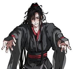  1boy ahoge bishounen black_eyes black_hair black_hanfu blush chinese_clothes commentary_request grey_eyes grin hanfu high_ponytail korean_commentary long_hair long_sleeves looking_at_viewer male_focus modao_zushi mugwortrice outstretched_arms parted_lips ponytail red_sash robe sash sidelocks simple_background sleeves_past_wrists smile solo upper_body very_long_hair wei_wuxian white_background wide_sleeves 