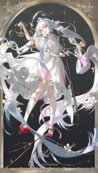  :d absurdly_long_hair absurdres aoseagrass balance_scale block_heels border chinese_commentary commentary_request copyright_notice dress flower full_body grey_background hair_flower hair_ornament highres holding holding_scale holding_sword holding_weapon kneehighs long_hair looking_to_the_side medium_dress nijisanji official_art ornate_border red_eyes red_shoes shoes smile socks sui_(virtuareal) sword twintails very_long_hair virtual_youtuber virtuareal weapon weighing_scale white_dress white_flower white_socks 