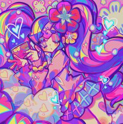  1girl blue_hair blue_skirt cardigan choker colorful commentary earrings fairy_miku_(project_voltage) flower gyaru hair_flower hair_ornament hatsune_miku heart highres hue_shifting jewelry kogal kxbo99 long_hair long_sleeves looking_at_viewer loose_socks multicolored_eyes multicolored_hair nail_polish neckerchief pink_cardigan pink_hair pink_nails pokemon project_voltage red_flower scrunchie skirt socks solo twintails two-tone_hair very_long_hair vocaloid white_neckerchief wrist_scrunchie yellow_flower yellow_scrunchie 