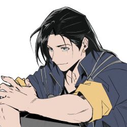  1boy black_hair blue_jacket closed_mouth commentary_request earrings final_fantasy final_fantasy_viii garbage_paper grey_pants highres jacket jewelry korean_commentary laguna_loire male_focus open_clothes open_jacket pants piercing short_sideburns sideburns simple_background sitting solo white_background 