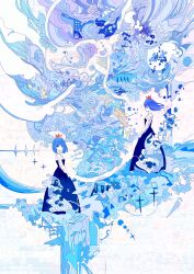  1girl absurdres bird blue_theme closed_eyes commentary_request dual_persona fantasy goose hato_(n_hat_mu) highres limited_palette looking_at_viewer monochrome original scenery short_hair spot_color tagme water what 