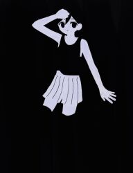  1boy arm_up black_background black_eyes black_hair black_shorts black_tank_top closed_mouth colored_skin double-parted_bangs hair_between_eyes hand_on_own_forehead highres looking_at_viewer male_focus omori omori_(omori) short_hair shorts simple_background sketch solo striped_clothes striped_shorts tank_top true_erg two-tone_shorts vertical-striped_clothes vertical-striped_shorts white_shorts white_skin 