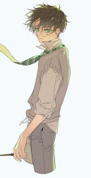  1boy alternate_universe animification backlighting black_hair closed_mouth cowboy_shot cropped_legs diagonal-striped_clothes diagonal-striped_necktie dress_shirt expressionless floating_hair floating_neckwear green_eyes green_necktie grey_pants grey_sweater_vest harry_potter harry_potter_(series) highres hogwarts_school_uniform holding holding_wand kogo58 looking_at_viewer looking_to_the_side male_focus necktie open_collar pants round_eyewear scar scar_on_face scar_on_forehead school_uniform shirt short_hair short_sleeves simple_background sleeves_rolled_up slytherin solo striped_clothes sweater_vest wand white_background white_shirt wizarding_world 