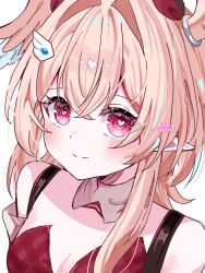  1girl bare_shoulders blush closed_mouth commentary_request genshin_impact hair_between_eyes hair_intakes hair_ornament head_wings heart heart-shaped_pupils highres hitsuki_(ruon) linnea_(genshin_impact) looking_at_viewer pink_eyes pink_hair pointy_ears portrait simple_background solo symbol-shaped_pupils twitter_username white_background wings 