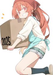  1girl 2025 apron black_socks blue_apron blush box brown_slippers cardboard_box commentary_request foot_out_of_frame green_shorts grin headscarf highres holding holding_box kneehighs long_hair long_sleeves looking_at_viewer orange_hair original ponytail red_eyes red_headscarf short_shorts shorts simple_background slippers smile socks solo standing standing_on_one_leg sweater totomono white_background white_sweater 