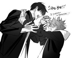  2boys blush clenched_teeth commentary_request fighting from_side gakuran greyscale haikyuu!! height_difference hinata_shouyou holding_another's_wrist hood hood_down hoodie jacket kageyama_tobio korean_commentary korean_text looking_at_another male_focus mh_o_o9 monochrome multiple_boys school_uniform short_hair shouting simple_background teeth translation_request upper_body white_background 