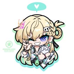  1girl animal animalization artist_logo blonde_hair breasts commentary dog-san green_necktie grin hair_ornament hand_up headphones headphones_around_neck heart highres holding holding_animal logo long_hair looking_at_viewer lynae_(wuthering_waves) medium_breasts mornye_(wuthering_waves) necktie one_eye_closed shirt skull_hair_ornament smile solo spoken_heart straight-on untranslatable_commentary violet_eyes w white_shirt wuthering_waves 