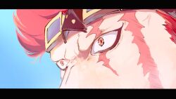  1boy ame_ekai blue_sky commentary_request eustass_kid eye_focus goggles goggles_on_head highres letterboxed looking_ahead male_focus one_piece red_eyes red_hair scar scar_on_face sky solo surprised 