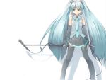  detached_sleeves green_hair hatsune_miku long_hair microphone microphone_stand miniskirt necktie skirt smile thigh-highs thighhighs twintails very_long_hair vocaloid 