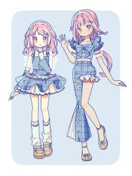  2girls :o absurdres blue_background blue_pants blue_shirt blunt_bangs blush border bright_pupils brown_shoes closed_mouth commentary dot_nose full_body hand_up highres index_finger_raised long_hair looking_at_viewer magia_record:_mahou_shoujo_madoka_magica_gaiden mahou_shoujo_madoka_magica multiple_girls no_socks open_mouth outside_border pants pink_eyes pink_hair plaid_clothes plaid_pants plaid_shirt ruru_(rurumagi) shirt shoes short_sleeves siblings simple_background sisters socks standing standing_on_one_leg tamaki_iroha tamaki_ui unmoving_pattern waving white_border white_pupils white_socks 