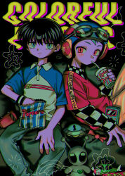  2boys absurdres black_hair blue_eyes blue_hair blue_shirt closed_mouth collared_shirt commentary_request cup disposable_cup drinking_straw drinking_straw_in_mouth goggles goggles_on_headwear helmet highres holding holding_cup looking_at_viewer male_focus menma_(enaic31) multiple_boys orange_eyes original shirt short_hair short_sleeves 