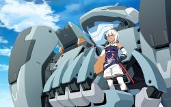 ahoge belt black_gloves blue_sky clouds cross_(female)_(xenoblade_x) cross_(xenoblade_x) day detached_sleeves fingerless_gloves formula_(xenoblade_x) gloves highres in_palm katana mecha open_clothes open_mouth open_vest outdoors pink_hair purple_belt purple_shirt purple_vest robot sheath sheathed shirt shorts skell_(xenoblade_x) sky sleeveless sleeveless_shirt smile standing sword takkun_(alicesoft) thigh-highs vest weapon white_hair white_shorts white_sleeves white_thighhighs xenoblade_chronicles_(series) xenoblade_chronicles_x 