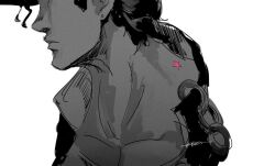  1boy chain closed_mouth gakuran greyscale imamuu_(imamoon) jojo_no_kimyou_na_bouken kujo_jotaro male_focus monochrome school_uniform short_hair solo star_(symbol) star_tattoo tattoo 