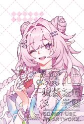  1girl ;o bare_shoulders breasts character_doll commentary_request cyrene_(demiurge)_(honkai:_star_rail) cyrene_(honkai:_star_rail) diamond-shaped_pupils diamond_(shape) doll double_bun dress hair_bun holding holding_doll honkai:_star_rail honkai_(series) jjindntks1209 korean_commentary large_breasts long_hair looking_at_viewer mem_(honkai:_star_rail) one_eye_closed pink_hair pointy_ears simple_background solo symbol-shaped_pupils teeth upper_teeth_only very_long_hair violet_eyes white_background white_dress 