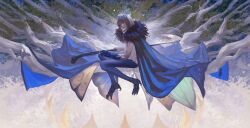  1boy absurdres arthropod_boy arthropod_limbs blue_cape blue_eyes blue_leggings cape chinese_commentary commentary_request crown diamond_hairband dragonfly_wings fate/grand_order fate_(series) full_body fur-trimmed_cape fur_trim grey_hair highres holding holding_scythe insect_wings leggings long_sleeves looking_at_viewer male_focus medium_hair oberon_(fate) oberon_(third_ascension)_(fate) scythe shirt sitting smile solo tree white_shirt wings yin_miaogu 