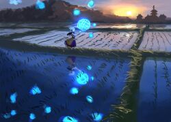  1girl absurdres commentary_request facing_ahead full_body grass hands_up headphones highres orb pointy_ears purple_skirt reflection rice_paddy ritsuzou shirt short_hair skirt sky solo standing sunset touhou toyosatomimi_no_miko water wide_shot yellow_shirt 