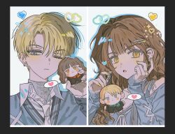  1boy 1girl alternate_costume animification bare_shoulders black_border blonde_hair blue_eyes blue_shirt blue_sweater blush border brown_hair character_charm character_doll charm_(object) collarbone commentary_request curly_hair doll double-parted_bangs draco_malfoy drop_shadow earrings gift_art grey_sweater gryffindor hair_ornament hairclip hand_on_own_cheek hand_on_own_face harry_potter_(series) head_tilt heart hermione_granger hogwarts_school_uniform holding holding_charm holding_doll jewelry kogo58 korean_commentary layered_clothes light_frown long_hair looking_at_viewer multiple_earrings neck_ribbon one_eye_closed open_collar open_mouth orange_eyes pixel_art_inset portrait ribbon ring school_uniform shirt short_hair side_part sleeves_past_wrists slytherin spoken_heart star_(symbol) sweater tareme turtleneck turtleneck_sweater white_background white_ribbon white_shirt wing_collar wizarding_world yellow_nails 