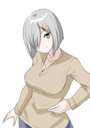  1girl 30-06 alternate_costume blue_eyes breasts brown_sweater commentary grey_hair hair_ornament hair_over_one_eye hairclip hamakaze_(kancolle) hand_on_own_hip highres kantai_collection large_breasts looking_at_viewer short_hair simple_background solo sweater upper_body v-neck white_background 