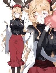  1girl :o absurdres animal_ears antlers arknights belt black_belt black_pantyhose black_sweater blonde_hair blush breasts commentary cotama deer_antlers deer_ears deer_girl dot_nose feet_out_of_frame hair_between_eyes hair_ornament hands_up hat heart highres holding holding_heart horns large_breasts long_hair long_skirt long_sleeves looking_at_viewer multiple_views one_eye_closed open_mouth pantyhose red_hat red_skirt scarf simple_background skirt solo speech_bubble sweater thought_bubble violet_eyes viviana_(arknights) white_background white_scarf x_hair_ornament 
