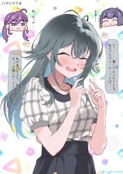  3girls ^_^ absurdres antenna_hair black_skirt blush chibi chibi_inset closed_eyes collarbone commentary_request gakuen_idolmaster green_hair hataya_misuzu highres idolmaster kaya_rinha mole mole_under_mouth multiple_girls plaid_clothes plaid_shirt purple_hair shirt shirt_tucked_in short_sleeves skirt smile speech_bubble sweatdrop syngup!_(idolmaster) tigger_drawing translation_request tsukimura_temari twitter_username 