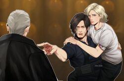  1girl 2boys artist_name black_shirt blonde_hair brown_hair carrying carrying_person che_sue00 commentary english_commentary grace_ashcroft highres jacket leon_s._kennedy meme multiple_boys resident_evil resident_evil_requiem shirt signature suit_jacket twitter_username zeno_(resident_evil) 