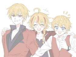  +++ 3boys anger_vein blonde_hair blue_eyes braid character_request clenched_teeth closed_eyes collared_shirt commentary facing_viewer fate/strange_fake fate_(series) fua1heyvot4ifsr gilgamesh_(fate) hair_over_shoulder hand_on_another's_shoulder hands_up highres lapels long_hair looking_at_another looking_at_viewer male_focus multicolored_hair multiple_boys notched_lapels notice_lines open_mouth red_eyes red_hair red_vest shirt simple_background smile streaked_hair teeth thumbs_up two-tone_hair untranslatable_commentary upper_body vest watch watch white_background white_shirt 