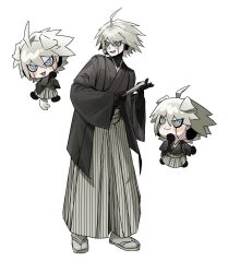  1boy absurdres ahoge animal_ears black_kimono blue_eyes chibi commentary_request danganronpa_(series) danganronpa_v3:_killing_harmony dog_ears dog_tail full_body grey_hair hakama hand_fan highres holding holding_fan japanese_clothes k1-b0 kemonomimi_mode kimono kkkkkongchi korean_commentary male_focus multiple_views open_mouth sandals simple_background tail white_background wide_sleeves 