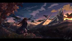  1girl absurdres black_border blue_cloak blue_sky boots border brown_boots brown_hair character_request cloak clouds cloudy_sky collared_cloak dusk floating_hair full_body green_eyes hand_on_own_head hashtag-only_commentary high_collar highres holding holding_mask knee_boots letterboxed light_frown long_hair mask medium_skirt mushoku_tensei outdoors pleated_skirt purple_sky signature skirt sky solo tree watermark white_skirt wide_shot yellow_sky yuuki931869 