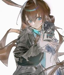  1girl 1other amiya_(arknights) animal_ears arknights arms_behind_back ascot black_jacket black_mask black_pants black_shoes blue_ascot blue_eyes blush brown_hair closed_mouth covered_face doctor_(arknights) full_body haemooowo hair_between_eyes hand_up highres holding hood hooded_jacket jacket long_hair long_sleeves looking_at_another low_twintails mini_person open_clothes open_jacket pants puffy_long_sleeves puffy_sleeves rabbit_ears rabbit_girl robe shoes simple_background smile solo_focus twintails upper_body very_long_hair wavy_hair white_background white_robe 