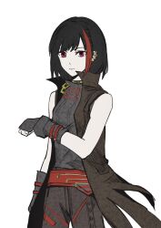  1girl alternate_art_style bang_dream! bang_dream!_girls_band_party! black_hair black_pants braid brown_jacket buttons chain closed_mouth coat collar collared_coat collared_jacket cosplay ear_piercing expressionless fanny_pack fingerless_gloves gloves gold_chain grey_gloves grey_shirt highres jacket kimi_ga_shine looking_at_viewer mitake_ran multicolored_hair open_clothes open_jacket pants piercing pink_eyes red_streaks sakiyasharkspeare shirt short_hair side_braid single_braid sleeveless sleeveless_coat sleeveless_jacket solo solo_focus strap streaked_hair turtleneck white_background yabusame_reko yabusame_reko_(cosplay) zipper 