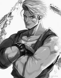  1boy absurdres closed_mouth collarbone commentary crossed_arms fingerless_gloves gloves greyscale highres hood hooded_jacket jacket kastrachang looking_to_the_side luke_sullivan male_focus mma_gloves monochrome multiple_scars muscular muscular_male scar scar_on_cheek scar_on_face shirt short_hair sideways_glance sleeveless sleeveless_jacket solo star_(symbol) street_fighter street_fighter_6 untranslatable_commentary unzipped 