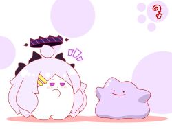  ._. ahoge blue_archive blush closed_mouth colored_shadow commentary_request crossover ditto grey_hair hair_ornament hairclip halo hina_(blue_archive) horns kurukurumagical long_hair notice_lines parted_bangs pokemon pokemon_(creature) pokemon_pokopia shadow smile standing very_long_hair violet_eyes white_background 