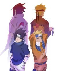  2boys age_progression arms_behind_head black_eyes black_hair black_headband blonde_hair blue_eyes blue_headband blue_shirt cowboy_shot facial_mark furrowed_brow hands_in_pockets headband highres holding holding_sword holding_weapon jacket jumpsuit konohagakure_symbol light_frown male_focus multiple_boys naruto_(classic) naruto_(series) naruto_shippuuden okbdko123 orange_jacket orange_jumpsuit orange_pants pants parted_bangs parted_lips pouch shirt short_hair shorts spiky_hair sword thigh_pouch uchiha_sasuke uzumaki_naruto weapon whisker_markings white_background white_shirt white_shorts white_sleeves 