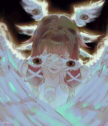  1girl aliqqce angel angel_wings black_hair columbina_(genshin_impact) dress feathered_wings genshin_impact hair_ribbon head_wings highres long_hair multicolored_hair pink_hair ribbon solo white_dress wings 