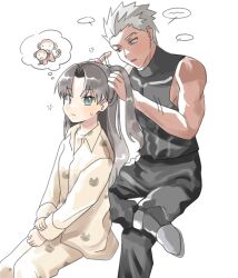  1boy 1girl animal animal_ears animal_print archer_(fate) baggy_pants bare_shoulders black_boots black_hair black_pants black_tank_top blank_speech_bubble blue_eyes blush boots cat_print closed_mouth collared_shirt commentary_request covered_collarbone cowboy_shot crossed_legs dark-skinned_male dark_skin ddong_pong fate/hollow_ataraxia fate/stay_night fate_(series) grey_hair hands_up holding_another's_hair korean_commentary long_hair long_sleeves looking_at_another looking_at_viewer monkey monkey_ears monkey_tail one_side_up open_mouth pajamas pants parted_bangs shirt short_hair simple_background sitting speech_bubble spiky_hair sweatdrop tail talking tank_top thinking thought_bubble tohsaka_rin tying_another's_hair wavy_hair white_background yellow_pajamas yellow_pants yellow_shirt 