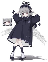  1girl ahoge arms_up bad_id bad_twitter_id black_dress black_hairband black_ribbon black_socks closed_mouth dress feathered_wings full_body grey_hair hairband highres kuro_yagi_(usosakana) lolita_hairband long_hair long_sleeves looking_at_viewer low_wings original red_eyes ribbon shadow shoes simple_background socks solo standing v white_background white_shoes wings 