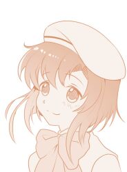  1girl beret bow bowtie cicococo closed_mouth hat highres higurashi_no_naku_koro_ni looking_afar monochrome parted_bangs portrait ryuuguu_rena sepia short_hair sidelocks simple_background smile solo white_background 