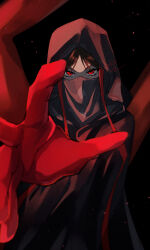  1girl absurdres black_background black_coat black_hair coat commentary_request fate/strange_fake fate_(series) highres hood hooded_coat izanaware_game looking_at_viewer mouth_veil no_name_assassin_(fate) reaching reaching_towards_viewer red_eyes signature simple_background solo veil zabaniya_(fate) 