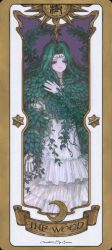  &amp;ueen 1girl absurdres card cardcaptor_sakura clow_card dress facial_mark forehead_mark green_eyes green_hair green_nails highres leaf moon plant plant_clothing star_(symbol) sun vines white_dress wood_(clow_card) 