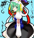  blush green_eyes green_hair hand_on_own_chest hat lowres open_mouth ribbon rod_of_remorse shikieiki_yamaxanadu sitting skirt solo touhou 