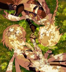  1boy 1girl aether_(genshin_impact) ahoge arm_armor bare_shoulders belt black_gloves blonde_hair blue_flower braid breasts brother_and_sister brown_belt brown_pants brown_shirt closed_eyes closed_mouth cowboy_shot day detached_sleeves dress fingernails flower genshin_impact gloves grass hair_between_eyes hair_flower hair_ornament highres index_finger_raised kemono_j long_hair long_sleeves low-braided_long_hair low-tied_long_hair lumine_(genshin_impact) lying medium_breasts midriff on_side outdoors pants partially_fingerless_gloves purple_flower scarf shadow shirt short_hair short_sleeves siblings sidelocks single_braid sleeping sleeveless sleeveless_dress smile star_(symbol) star_print upside-down white_dress white_flower white_scarf white_sleeves yellow_flower yin_yang 