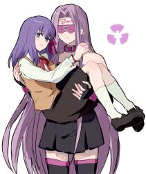  2girls bare_shoulders black_boots black_dress black_gloves black_shoes black_skirt black_sleeves boots breasts brown_vest carrying closed_mouth collar collared_shirt covered_eyes cowboy_shot detached_sleeves dress eye_mask facial_mark fate/stay_night fate_(series) fingerless_gloves forehead_mark gloves hair_between_eyes hair_ribbon hands_up highres long_hair long_sleeves looking_at_viewer mask matou_sakura medium_breasts medusa_(fate) medusa_(rider)_(fate) multiple_girls neck_ribbon nekwnek pink_collar pink_mask pink_ribbon princess_carry puffy_long_sleeves puffy_sleeves purple_hair red_ribbon ribbon shirt shoes sidelocks simple_background skirt smile socks standing strapless strapless_dress thigh_boots very_long_hair vest violet_eyes white_background white_shirt white_socks wristband zettai_ryouiki 