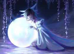  1girl arm_ribbon artist_name ave_eiler_(eilerchan) bare_shoulders black_hair closed_eyes closed_mouth columbina_(genshin_impact) commentary dress english_commentary eye_mask genshin_impact hair_ribbon head_wings long_hair mask multicolored_hair purple_hair ribbon solo white_dress white_ribbon wings 