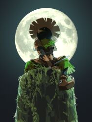  1boy 1other belt bird black_skin boots brown_gloves colored_skin commentary_request flute from_below full_moon gloves hat highres holding huge_moon instrument looking_up male_focus moon moonlight moss night nintendo otsubo_kiko outdoors poncho scarf short_sleeves sitting skull_kid sky solo stick straw_hat the_legend_of_zelda the_legend_of_zelda:_majora's_mask 