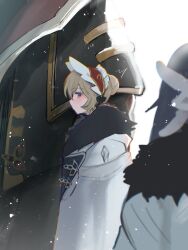  2girls automaton_(object) black_hair blue_eyes blush bonnet brown_hair closed_mouth coat columbina_(genshin_impact) commentary_request fatui_coat fur-trimmed_coat fur-trimmed_hood fur_hood fur_trim genshin_impact hair_between_eyes hair_flaps hair_ornament head_wings headdress highres hood long_hair looking_to_the_side multicolored_hair multiple_girls multiple_wings pulonia_(genshin_impact) purple_hair purple_streaks qmn12987411 sandrone_(genshin_impact) short_hair short_hair_with_long_locks snow snowflakes snowing streaked_hair two-tone_hair white_headdress white_wings wing_hair_ornament wings winter winter_clothes winter_coat 