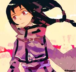  1boy black_hair capelet closed_mouth commentary doggyet facial_mark fire_emblem fire_emblem:_path_of_radiance forehead_mark highres long_hair male_focus official_alternate_costume red_eyes solo soren_(fire_emblem) soren_(isolated_strategist)_(fire_emblem) twitter_username 