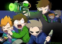  >_< 6+boys aiming antenna_hair artificial_eye bass_guitar beard_stubble black_coat black_eyes black_vest blue_background blue_hoodie blue_pants blue_shirt brown_hair clenched_hand clenched_teeth coat collared_shirt commentary cyborg denim drawstring dual_persona edd_(eddsworld) eddsworld energy_gun episode_title facial_hair fewer_digits flipped_hair future_edd_(eddsworld) future_matt_(eddsworld) future_tom_(eddsworld) green_hoodie green_jacket green_pants hair_behind_ear head-mounted_display highres holding holding_bass_guitar holding_energy_gun holding_instrument holding_weapon hollow_eyes hood hood_down hoodie instrument jacket jeans kion-aaaaa lcd letterboxed long_sleeves male_focus matt_(eddsworld) mechanical_eye multiple_boys open_clothes open_coat open_jacket open_mouth orange_hair pants purple_hoodie purple_sweater running shirt short_hair simple_background spiky_hair stubble susan_(eddsworld) sweat sweater swept_bangs tears teeth time_machine time_paradox time_travel tom_(eddsworld) toon_(style) trench_coat turtleneck turtleneck_sweater vest weapon wide-eyed 