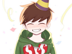 1boy ^_^ akt_xp animification birthday blush brown_hair can closed_eyes cola commentary_request confetti drink drink_can edd_(eddsworld) eddsworld facing_viewer fang green_hoodie grin hair_behind_ear happy hat highres holding holding_can holding_drink hood hood_down hoodie long_sleeves male_focus party_hat short_hair simple_background smile solo swept_bangs upper_body white_background 